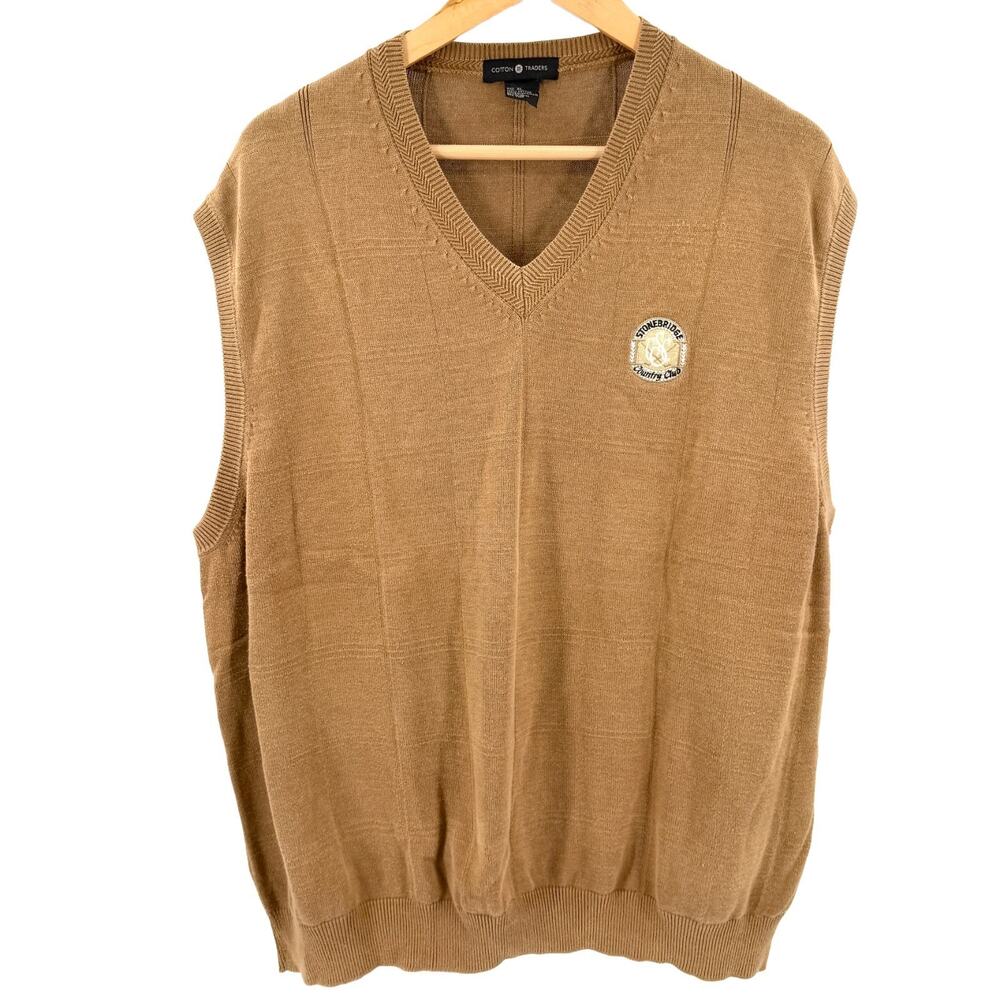 Cotton Traders Tan 100% Cotton Stonebridge Country Club Logo Sweater Vest